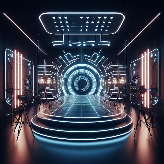 Foto imagem futurista de um túnel simétrico com luzes de néon e um palco que exala uma sensação de sci-fi