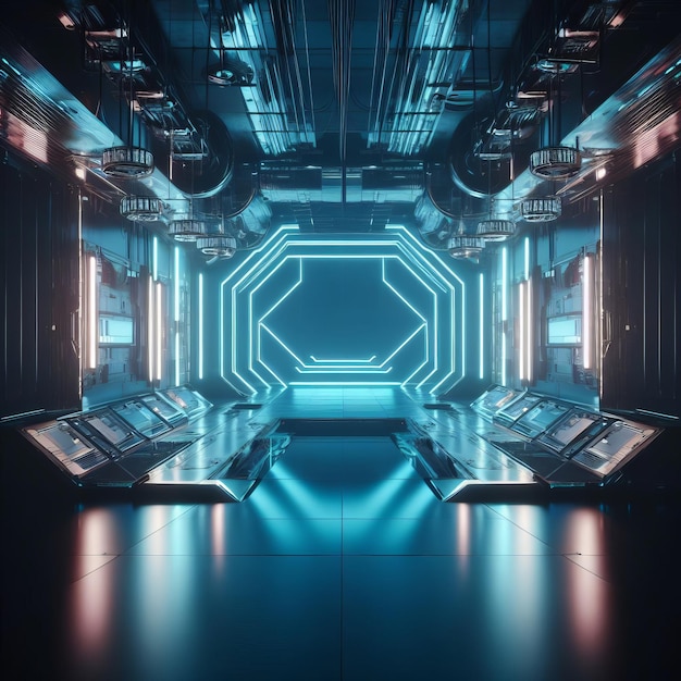 Imagem futurista de uma sala iluminada a azul com um portal hexagonal no centro e painéis de computador nos lados