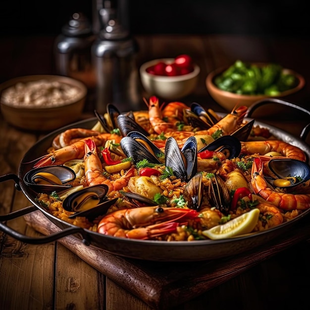 Imagem gastronômica de um prato de paella marinera Prato típico espanhol