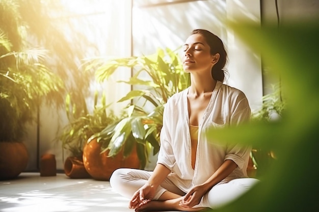 Imagem generativa A mulher caucasiana relaxa em casa para o bem-estar