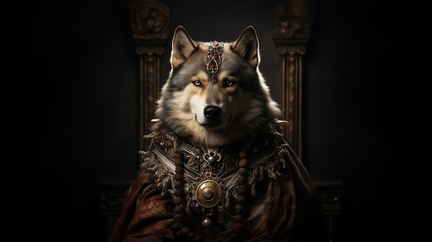 Imagem generativa de IA de lobo como rei animal vestindo roupas reais no reino