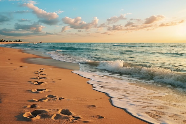 Imagem generativa de IA de pegadas na areia da praia com ondas de água ao nascer do sol