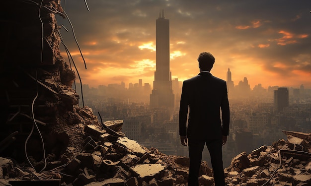 Imagem generativa de IA de um empresário em pé olhando a paisagem urbana ao pôr do sol nas ruínas da parede