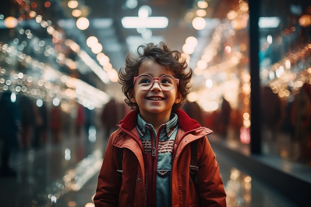 Imagem generativa de IA de um garotinho usando óculos redondos com expressão feliz em um shopping center