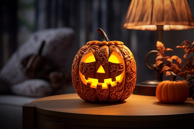 Imagem generativa de IA de uma lâmpada de abóbora de Halloween em uma mesa de madeira em casa