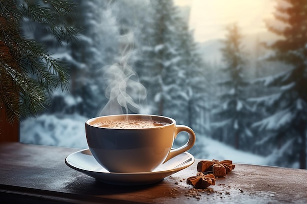 Imagem generativa de IA de uma xícara de café quente em uma mesa de madeira com vista para a natureza no inverno