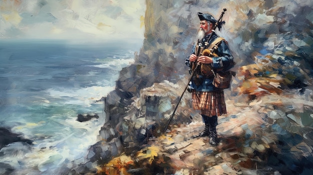 Imagem gerada com AI Scotsmen tocando gaita de foles nas falésias do norte da Escócia