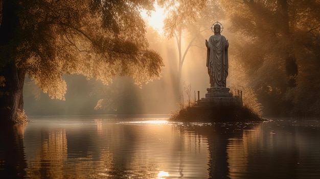 Imagem gerada com AI Statue por um lago representando a Dama do Lago