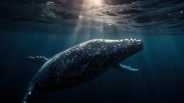 Imagem gerada com AI Uma baleia no mar com raios de sol brilhando sobre ela