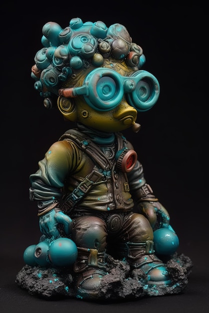 Imagem gerada com modelo AI 3D de um alienígena steampunk amigável com balões azuis claros como cabelo