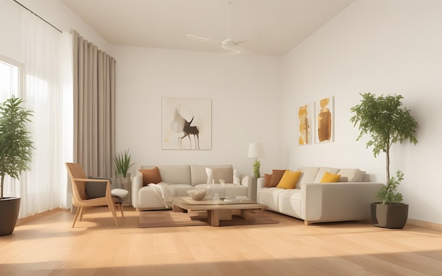 Imagem gerada digitalmente de uma sala de estar com piso de madeira