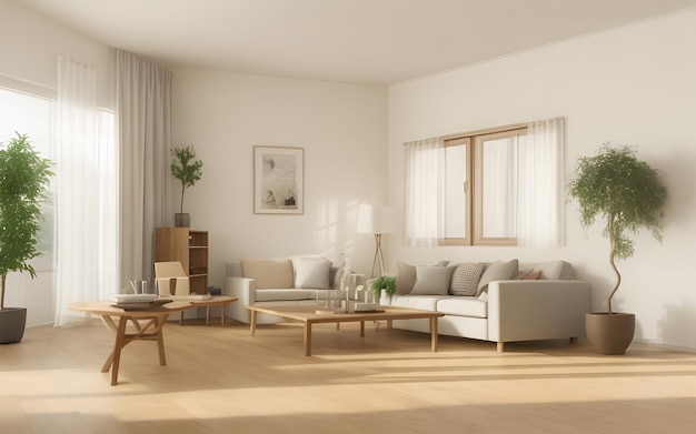 Imagem gerada digitalmente de uma sala de estar com piso de madeira