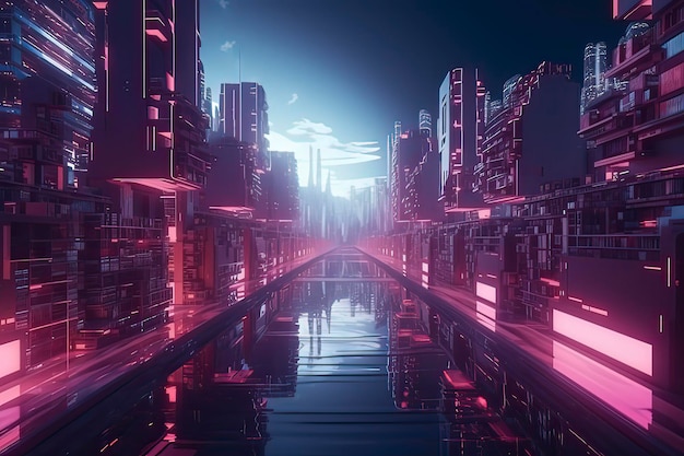 Imagem gerada pela tecnologia AI da cidade futura estilo Cyberpunk