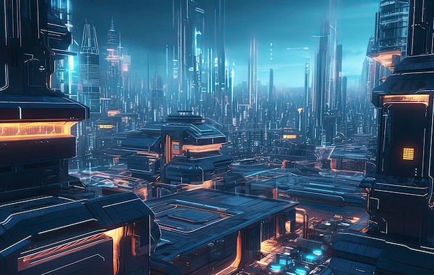 Imagem gerada pela tecnologia AI da cidade futura estilo Cyberpunk
