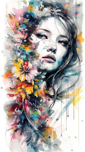 Imagem gerada pelo desenho AI Ink de uma linda mulher com técnica de aquarela de flores