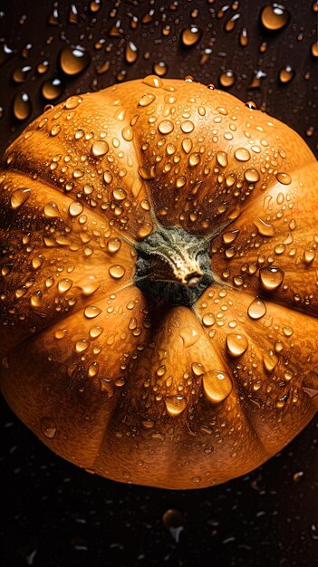 Imagem gerada por AI Grande abóbora laranja molhada com gotas de água