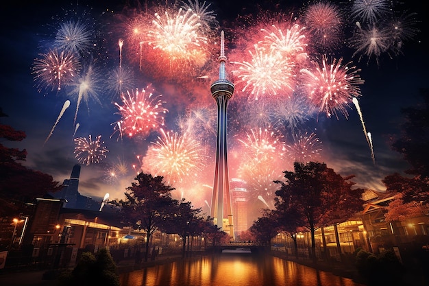 Imagem gerada por IA da celebração da véspera de Ano Novo com a Diamond Busan Tower, na Coreia do Sul