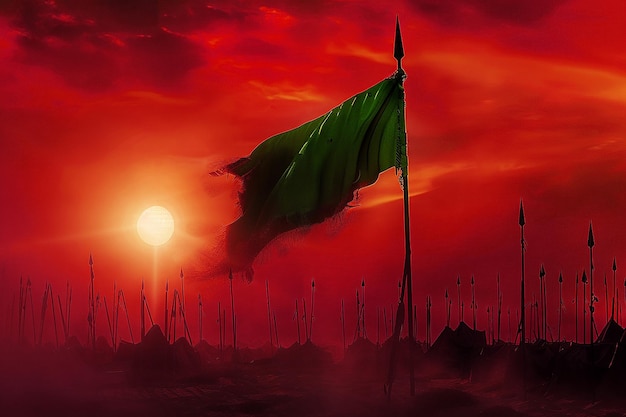 Imagem gerada por IA de bandeira verde com lanças na Guerra de Karbala no mês de Muharram Asyura