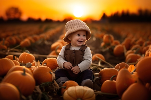 Imagem gerada por IA de bebê em campo de abóboras Foto de alta qualidade