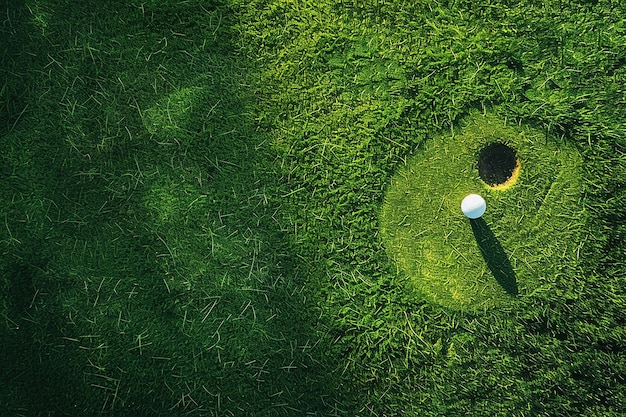 Imagem gerada por IA de bola de golfe e mini buraco com espaço de cópia em fundo de campo verde