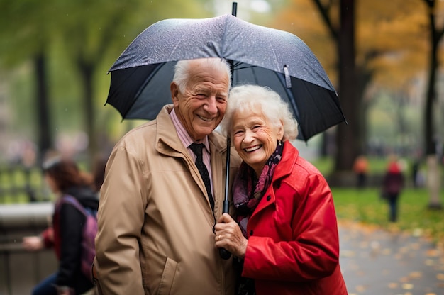 Imagem gerada por IA de casal de idosos com guarda-chuva caminhando Foto de alta qualidade