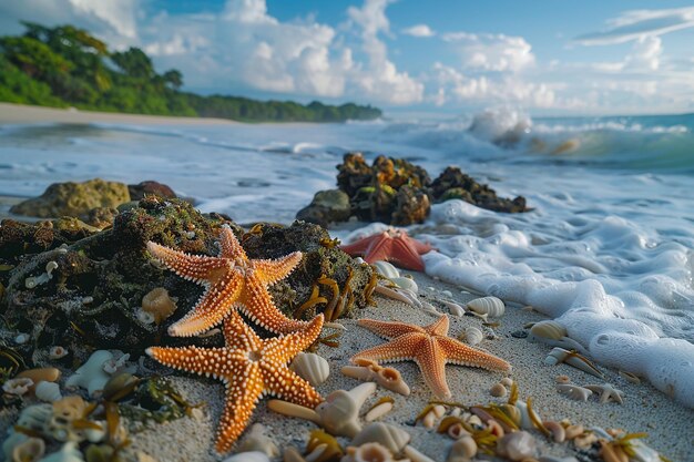 Imagem gerada por IA de concha de estrela-do-mar na praia com onda de água no verão