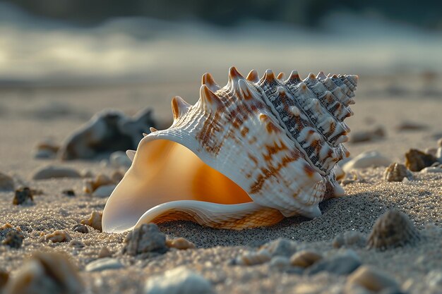 Foto imagem gerada por ia de concha de mar em uma praia de areia