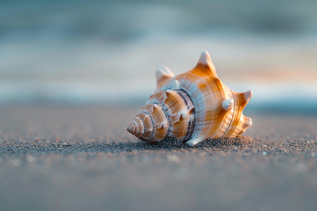 Imagem gerada por IA de concha de mar na areia da praia com fundo desfocado