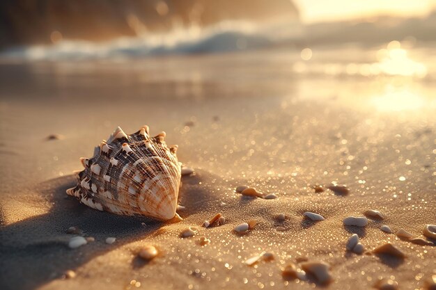 Imagem gerada por IA de conchas marinhas na costa ao nascer do sol