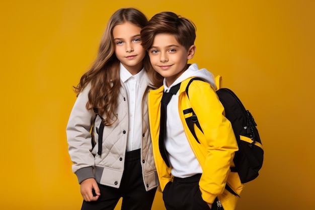 Imagem gerada por IA de crianças em idade escolar em fundo amarelo Foto de alta qualidade