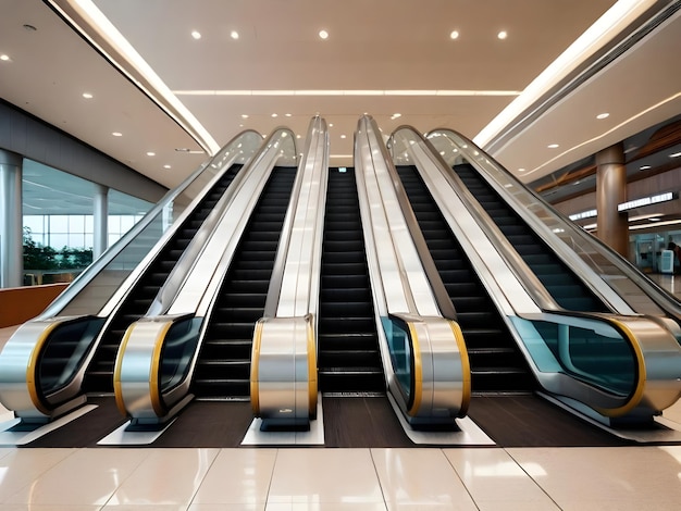 Imagem gerada por IA de escadas rolantes de luxo modernas com escada em aeroportos ou supermercados