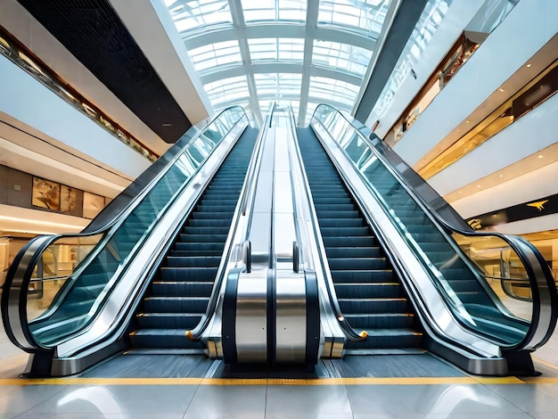 Imagem gerada por IA de escadas rolantes de luxo modernas com escada em aeroportos ou supermercados