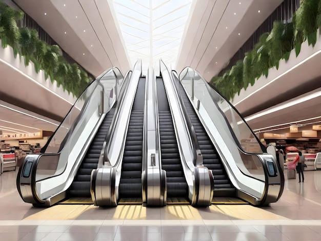 Imagem gerada por IA de escadas rolantes de luxo modernas com escada em aeroportos ou supermercados