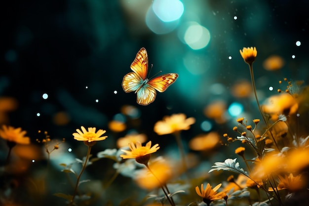 Imagem gerada por IA de flores amarelas com borboleta voadora em fundo Bokeh