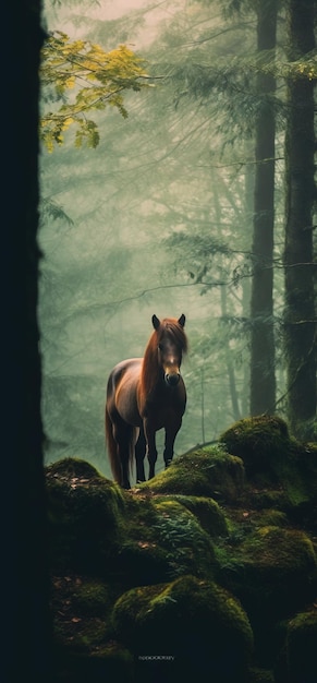 Imagem gerada por IA de floresta em pé de cavalo Imagem gerada por IA de alta qualidade