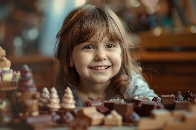 Imagem gerada por IA de menina brincando de brinquedo de chocolate com expressão de sorriso