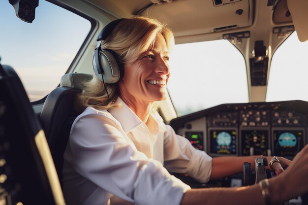 Imagem gerada por IA de mulher madura como piloto de avião Foto de alta qualidade