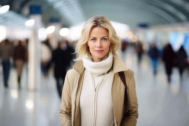 Imagem gerada por IA de mulher madura no terminal do aeroporto Foto de alta qualidade