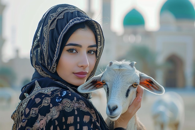 Imagem gerada por IA de mulher muçulmana usando hijab com cabra para o Eid Al Adha no fundo da mesquita