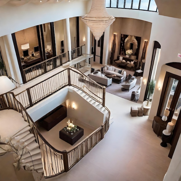 Imagem gerada por IA de olhar do loft do andar de cima para um amplo salão de luxo