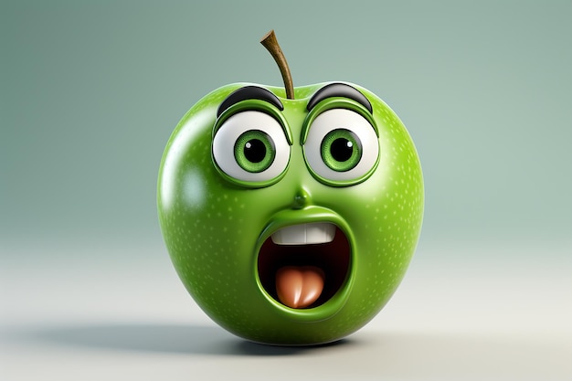 Imagem gerada por IA de personagem de desenho animado de fruta de maçã verde com expressão surpresa