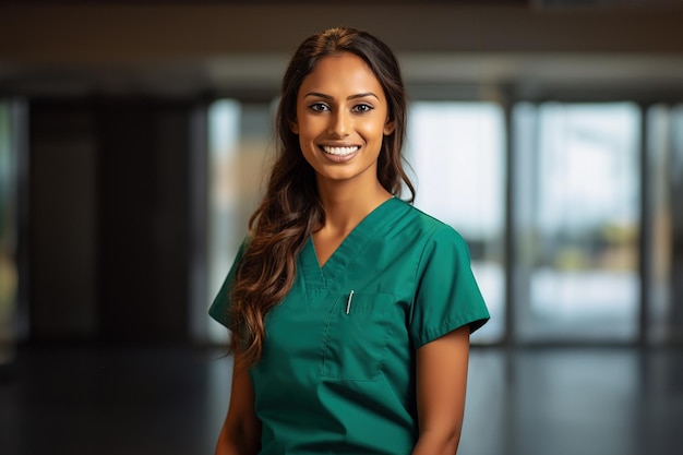Imagem gerada por IA de retrato de uma jovem médica hispânica sorridente em uniforme médico olhando para um