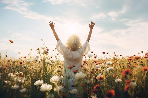 Imagem gerada por IA de sênior com as mãos levantadas no campo de flores Foto de alta qualidade