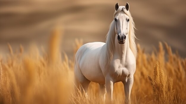 Imagem gerada por IA de um belo cavalo branco a galopar no campo ao pôr do sol