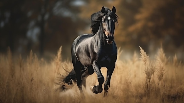 Imagem gerada por IA de um belo cavalo preto a galopar no campo ao pôr do sol