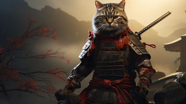 Imagem gerada por IA de um gato samurai de estilo futurista