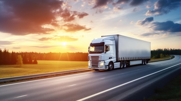 Imagem gerada por IA de um grande trailer moderno dirigindo por uma estrada vazia ao pôr do sol Empresa de logística Transporte de carga Entrega rápida