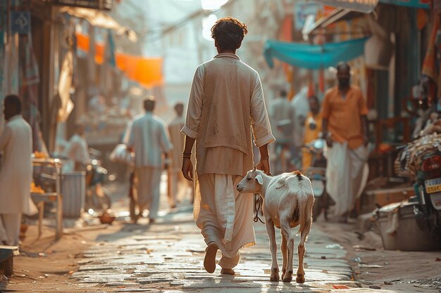 Imagem gerada por IA de um homem indiano caminhando com uma cabra no mercado para a celebração do Eid Al Adha