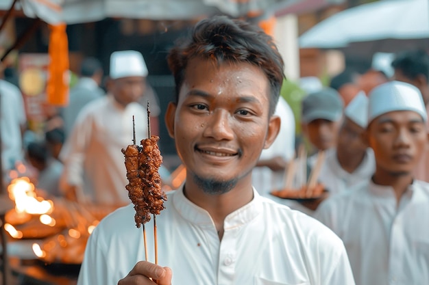 Imagem gerada por IA de um homem muçulmano asiático segurando carne sacrificial Satay na celebração do Eid Al Adha