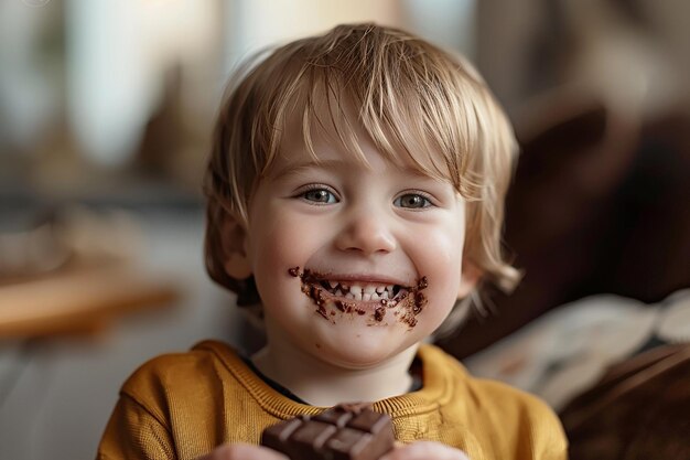 Imagem gerada por IA de um menino comendo uma barra de chocolate com expressão de sorriso